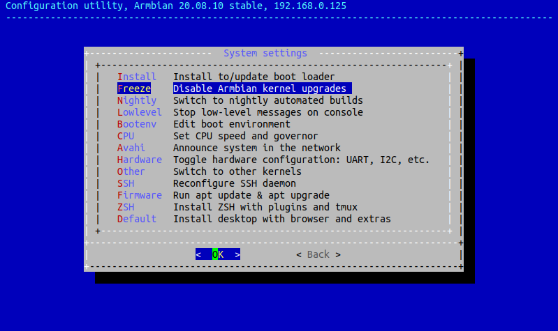 Armbian freeze menu